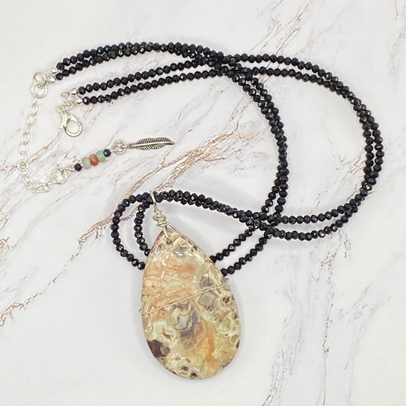 Jasper Pendant with Sterling Silver Wire Spiral on Spinel Beaded Necklace - Picture 1 of 6